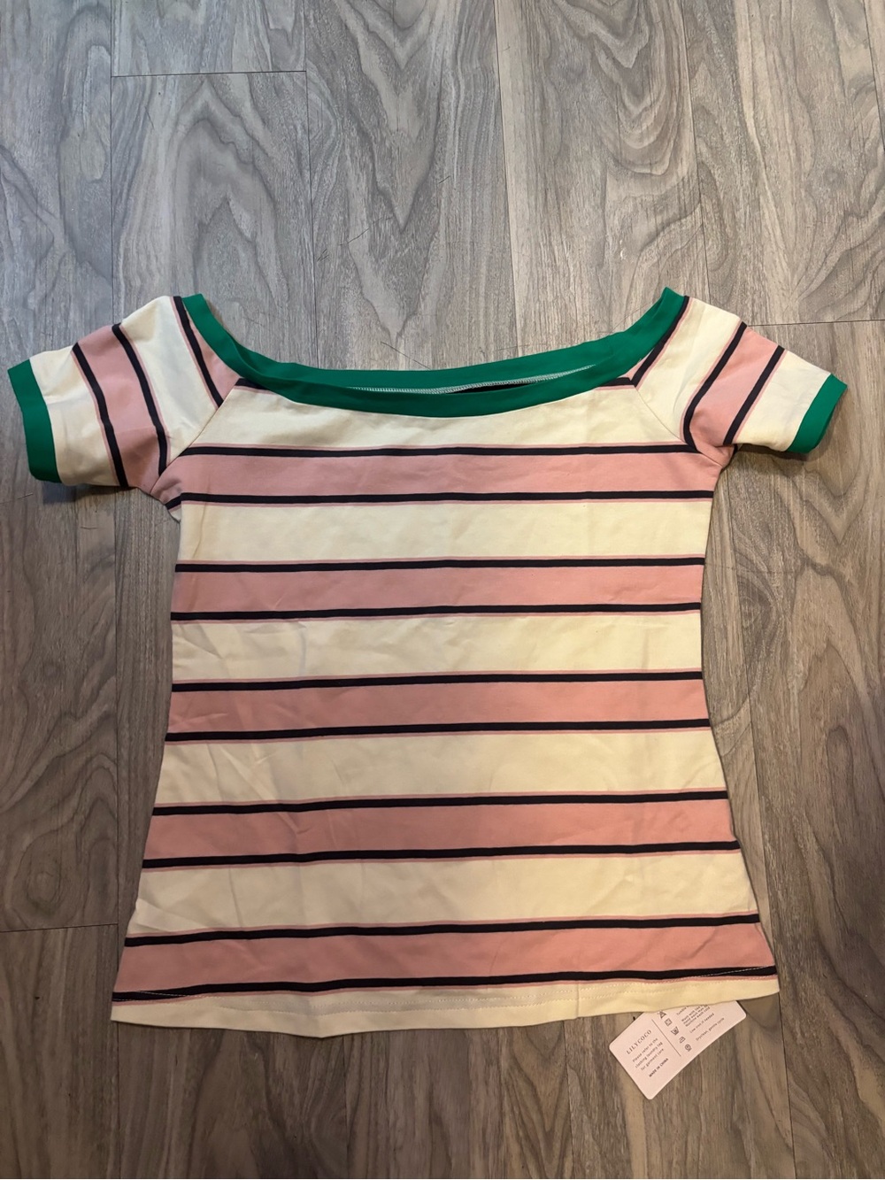 Striped Pink and Cream Boatneck Tee with Green Trim